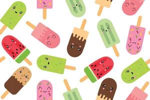 Seamless pattern of popsicle ice cream on a stick in the style of kawaii. Vector illustration isolated on a white background.