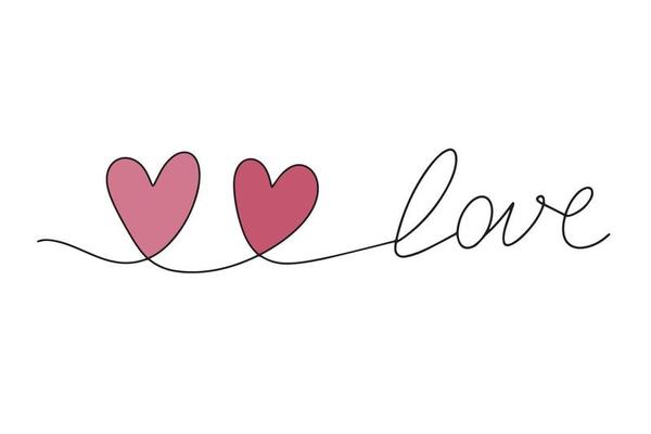 Continuous drawing of two hearts and the inscription love. A couple of hearts. Fashion minimalist illustration. Single line abstract drawing.