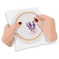 Illustration of fabric with embroidery frame, embroidery and by hand. Embroidery in the hands on a white background. Embroidery frame in hand. For printing on postcards and tags for craftsmen vector