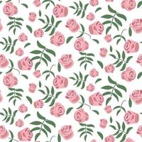 A pattern of pink rose buds with green twigs on a white background. Delicate background for printing on paper and textiles. Print for packaging, postcards for Mother's Day, Valentine's Day, birthday vector