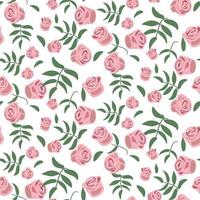 un patrón de capullos de rosa rosa con ramitas verdes sobre un fondo blanco. fondo delicado para la impresión en papel y textiles. impresión para embalaje, postales para el día de la madre, día de San Valentín, cumpleaños vector