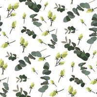 A pattern of white rose buds with green eucalyptus twigs on a white background. Delicate background for printing on paper and textiles. Print for packaging, postcards for Mother's Day, Valentine's Day vector