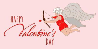 A Valentine's Day card. Happy Valentine's Day inscription on a delicate background. Baby Cupid shoots arrows at flying hearts. Printing on paper postcard, banner vector