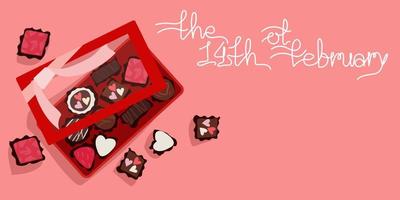 A postcard with a box of chocolates for Valentine's Day. A box of chocolates with text. Printing on paper. postcard, banner for the holiday of all lovers vector