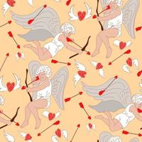 A pattern of cupids shooting at hearts and looking for a soul mate. Hunting for flying hearts. Angels with wings bows and arrows. Printing on textiles and paper. Cute retro style gift wrapping vector