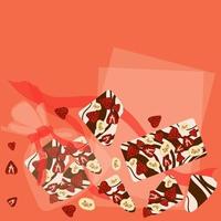 Decorative handmade white and dark chocolate in a package. Chocolate with the addition of strawberries, banana for decoration and taste. Background for printing postcards, tags, banners. vector