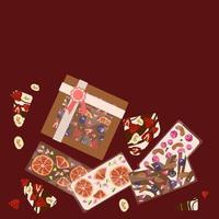 Decorative handmade dark chocolate in a box. Chocolate with the addition of berries, fruits, nuts for decoration and taste. In a gift box and packaging. Background for printing postcards, tags, banner vector