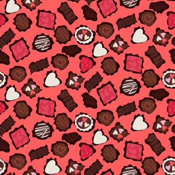 un patrón de chocolates sobre un fondo oscuro. un conjunto de diferentes chocolates con diferentes formas. envoltorio de regalo para el día de san valentín, día de la madre, cumpleaños vector