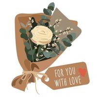 Illustration of a beautiful gift bouquet isolated on a white background in a flat style. A bouquet in a craft package with a greeting tag. Printing on paper and textiles of postcards, banners, thanks vector