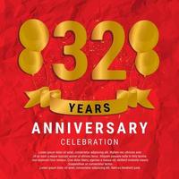 32 Years Anniversary celebration. Luxury happy birthday card background with elements balloons and ribbon with glitter effects. Abstract Red with Confetti and Golden Ribbon. Vector Illustration EPS10