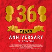 36 Years Anniversary celebration. Luxury happy birthday card background with elements balloons and ribbon with glitter effects. Abstract Red with Confetti and Golden Ribbon. Vector Illustration EPS10