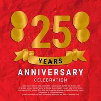 25 Years Anniversary celebration. Luxury happy birthday card background with elements balloons and ribbon with glitter effects. Abstract Red with Confetti and Golden Ribbon. Vector Illustration EPS10