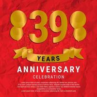39 Years Anniversary celebration. Luxury happy birthday card background with elements balloons and ribbon with glitter effects. Abstract Red with Confetti and Golden Ribbon. Vector Illustration EPS10