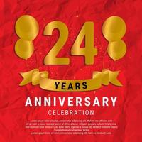 24 Years Anniversary celebration. Luxury happy birthday card background with elements balloons and ribbon with glitter effects. Abstract Red with Confetti and Golden Ribbon. Vector Illustration EPS10