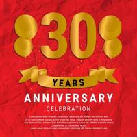 30 Years Anniversary celebration. Luxury happy birthday card background with elements balloons and ribbon with glitter effects. Abstract Red with Confetti and Golden Ribbon. Vector Illustration EPS10