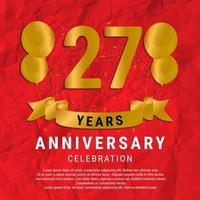27 Years Anniversary celebration. Luxury happy birthday card background with elements balloons and ribbon with glitter effects. Abstract Red with Confetti and Golden Ribbon. Vector Illustration EPS10