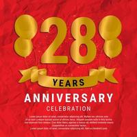 28 Years Anniversary celebration. Luxury happy birthday card background with elements balloons and ribbon with glitter effects. Abstract Red with Confetti and Golden Ribbon. Vector Illustration EPS10