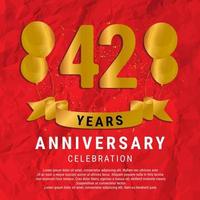 42 Years Anniversary celebration. Luxury happy birthday card background with elements balloons and ribbon with glitter effects. Abstract Red with Confetti and Golden Ribbon. Vector Illustration EPS10