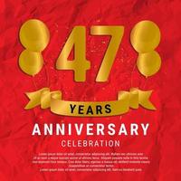 47 Years Anniversary celebration. Luxury happy birthday card background with elements balloons and ribbon with glitter effects. Abstract Red with Confetti and Golden Ribbon. Vector Illustration EPS10