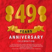 49 Years Anniversary celebration. Luxury happy birthday card background with elements balloons and ribbon with glitter effects. Abstract Red with Confetti and Golden Ribbon. Vector Illustration EPS10