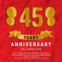 45 Years Anniversary celebration. Luxury happy birthday card background with elements balloons and ribbon with glitter effects. Abstract Red with Confetti and Golden Ribbon. Vector Illustration EPS10