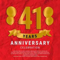 41 Years Anniversary celebration. Luxury happy birthday card background with elements balloons and ribbon with glitter effects. Abstract Red with Confetti and Golden Ribbon. Vector Illustration EPS10