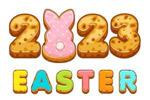 Vector card with inscription from Easter cookies. Postcard with sweets and rabbit.