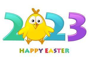 Happy easter 2023 postcard, cute chick with inscription. vector