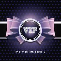 Members only. Violet silk bow with VIP in round diamond frame. Vector illustration.