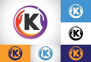 letra inicial del monograma k con manos seguras. trabajo en equipo de caridad profesional y diseño de logotipo de fundación vector