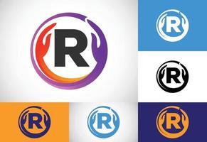 Initial R monogram letter with safe hands. Professional charity teamwork and foundation logo design vector