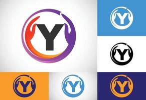 Initial Y monogram letter with safe hands. Professional charity teamwork and foundation logo design vector