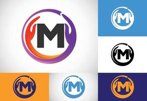 Initial M monogram letter with safe hands. Professional charity teamwork and foundation logo design vector