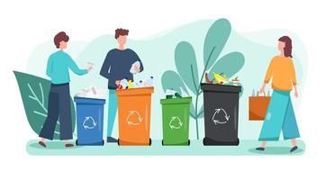 Set of people sorting the garbage. Zero waste concept vector