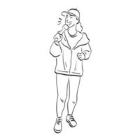 arte de línea de longitud completa de mujer en ropa deportiva sosteniendo micrófono ilustración vector dibujado a mano aislado sobre fondo blanco