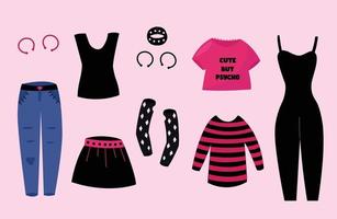 Y2k emo gothic style girl clothes set. Emo vintage clothing collection. T-shirt, jeans, gloves, skirt, sweater, suit. vector