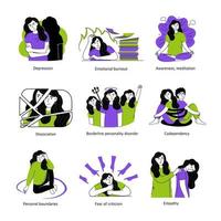 Set of concepts of mental health and psychology. Psychological disorders, various positive, negative states of people. Vector illustration isolated on a white background.