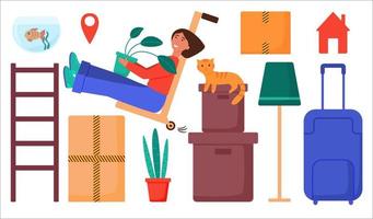 The concept of resettlement. A set of elements for relocation - boxes, a suitcase, a shelf, plants, a cat, a fish in an aquarium. I'm moving into a new house. Isolated flat vector illustration