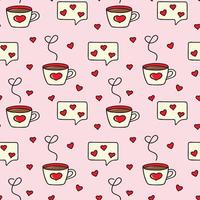 Seamless pattern with a cup of coffee, a love SMS message, hearts. Seamless vector pattern in doodle style. Template for fabric, textiles, wrapping paper, wallpaper and other decorations.