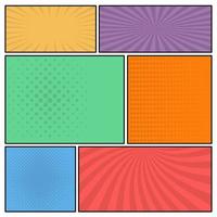 Colorful comic book page background in pop art style. Empty template with rays and dots pattern. Vector illustration