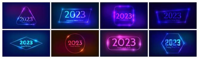 2023 Happy New Year neon background. Big set of neon backdrops with different geometric frames with shining effects and inscription Happy New Year. Dark background for Christmas holiday greeting card vector