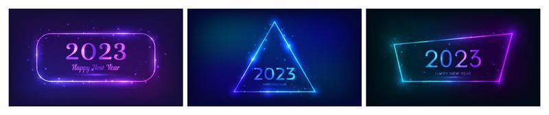 2023 Happy New Year neon background. Set of three neon backdrops with different geometric frames with shining effects and sparkles and inscription Happy New Year. Dark background for Christmas holiday vector