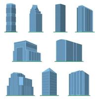 Set of nine modern high-rise building on a white background. View of the building from the bottom. Isometric vector illustration.