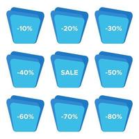 Set of nine sale stickers with different discount values. Sale label template. Vector illustration