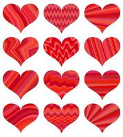 Set of different red hearts. Twelve hearts isolated on white background. Symbol of love. Elements for wedding template. vector