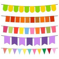 Colorful flags and bunting garlands for decoration. Decor elements with various patterns. Vector illustration