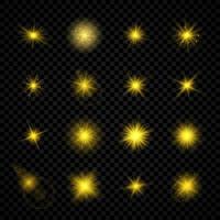 Light effect of lens flares. Set of sixteen yellow glowing lights starburst effects with sparkles on a transparent background. Vector illustration