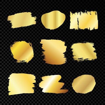 Gold smears on dark transparent background. Set of nine paint brush strokes. Grunge design element