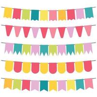 Colorful flags and bunting garlands for decoration. Decor elements with various patterns. Vector illustration