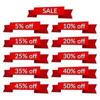 Set of red sale ribbons with different discount values. Sale label template. Vector illustration